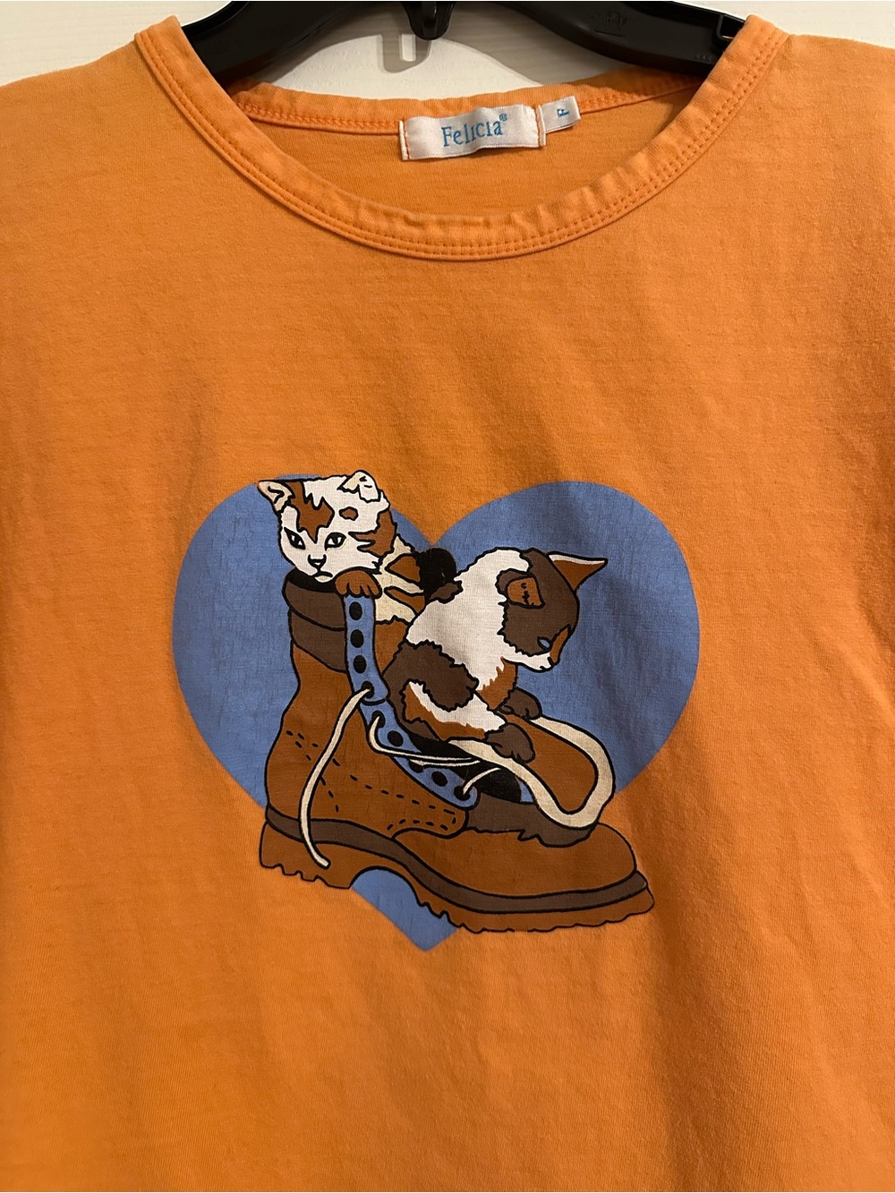 Felicias Orange Tee with Blue Heart & Cat Graphic